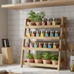 Stylish wooden folding shelf unit in a bright modern kitchen, four tiers displaying colorful spice j