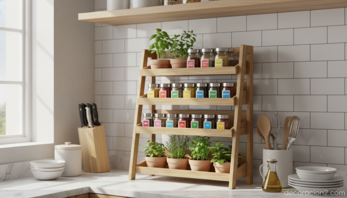 Estantería plegable de madera en cocina moderna con especias y utensilios