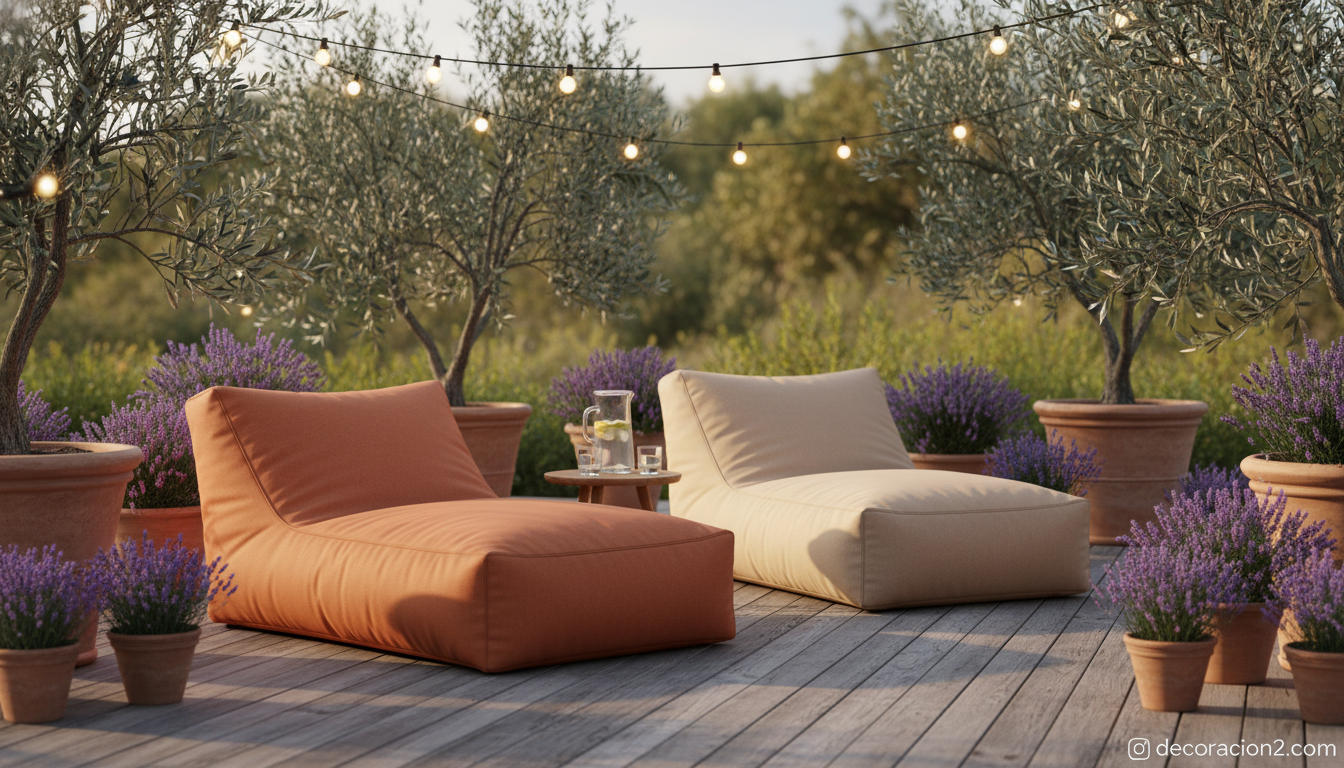 Puffs gigantes rectangulares en terraza mediterránea con olivos y lámparas