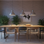 Three pendant lamps in aluminum grey finish suspended in a line over a long wooden dining table in a modern Italian apartm…