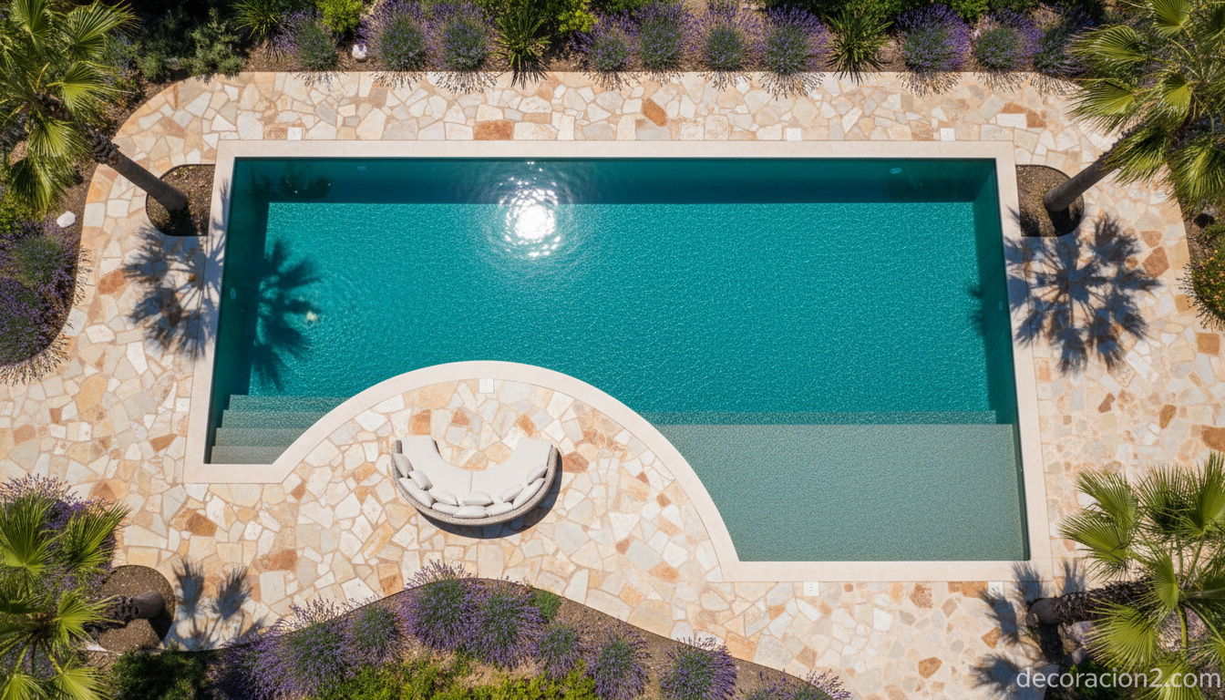 Vista cenital de una pieza Ying Yang junto a la piscina en jardín mediterráneo