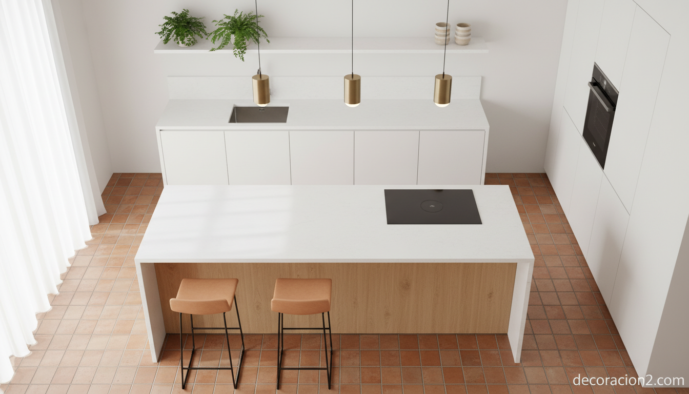 Vista cenital de cocina compacta nórdica con isla integrada de roble y encimera blanca