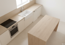 Cómo organizar la cocina: las tres zonas clave y el triángulo de trabajo Distribución de cocina moderna con zonas de cocción lavado y preparación