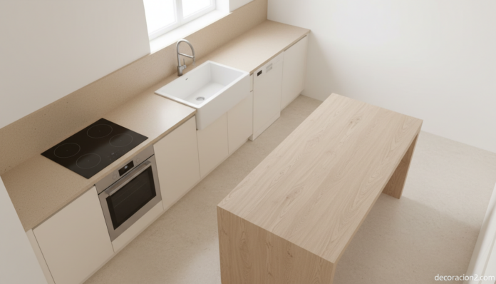 Distribución de cocina moderna con zonas de cocción lavado y preparación