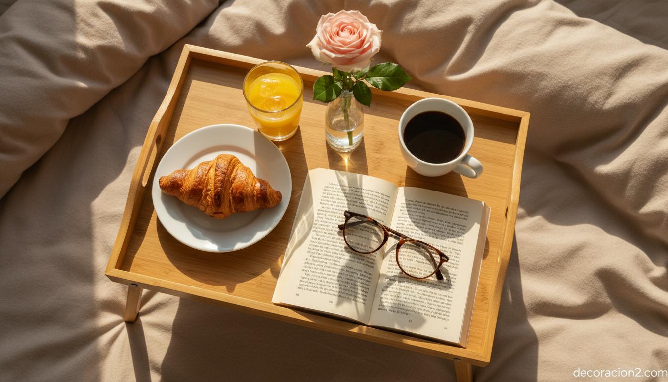 Bandeja escritorio de bambú con desayuno completo en la cama