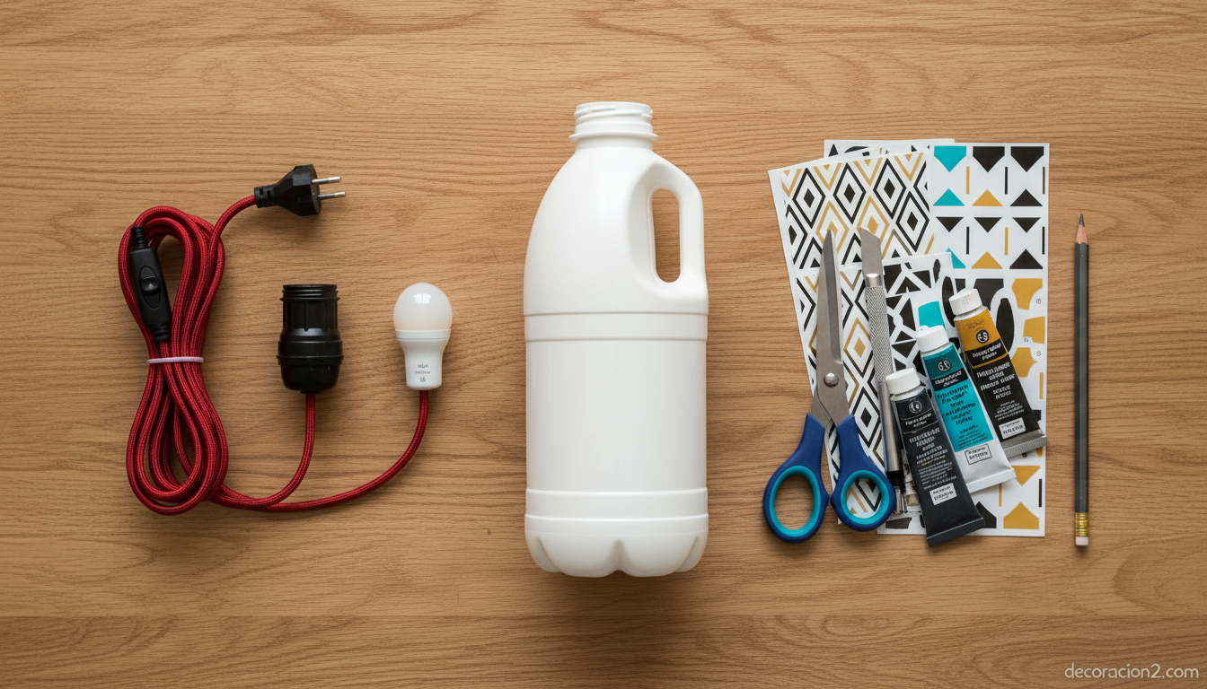 Materiales DIY para hacer una lámpara con botella de leche dispuestos sobre mesa de trabajo