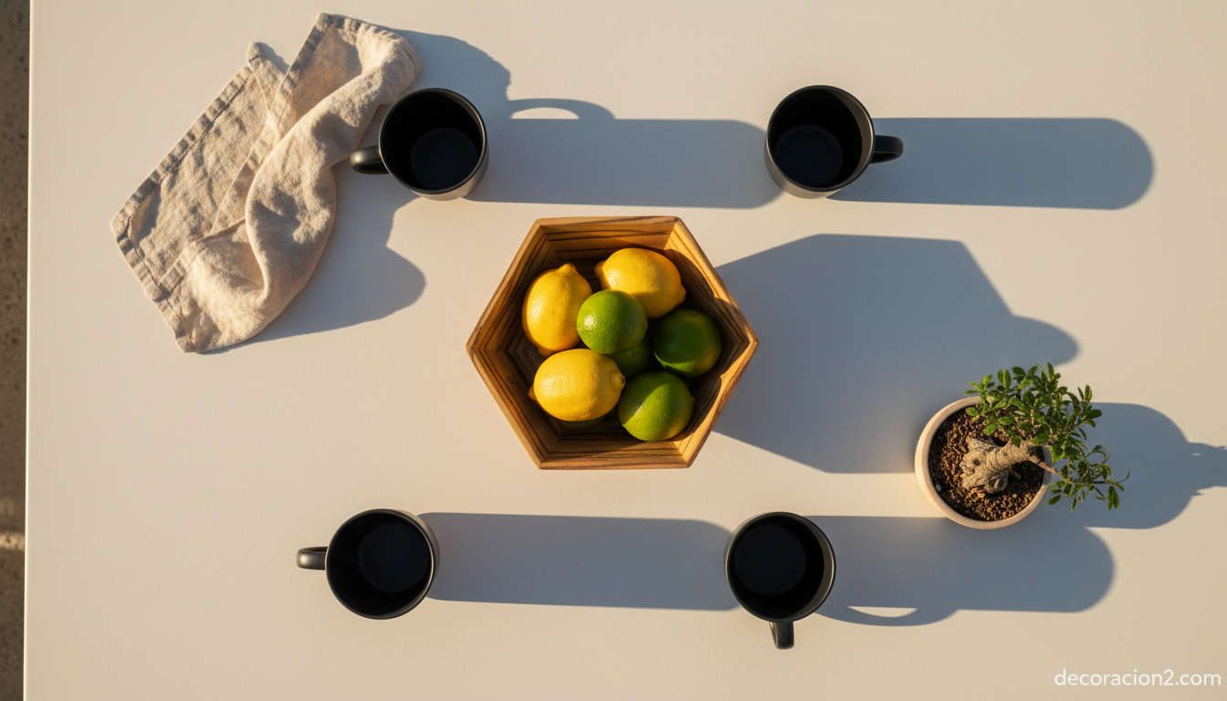 Cuenco origami con frutas en encimera de cocina estilo Japandi