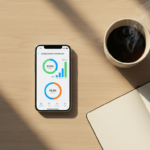 Top-down flat lay view of a modern smart home energy dashboard on a smartphone screen placed next to