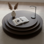 Top-down overhead view of a contemporary living room scene with a dark wenge wood multi-level rotati