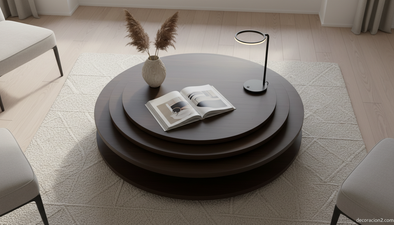 Mesa Rotor en wengé vista cenital en salón contemporáneo