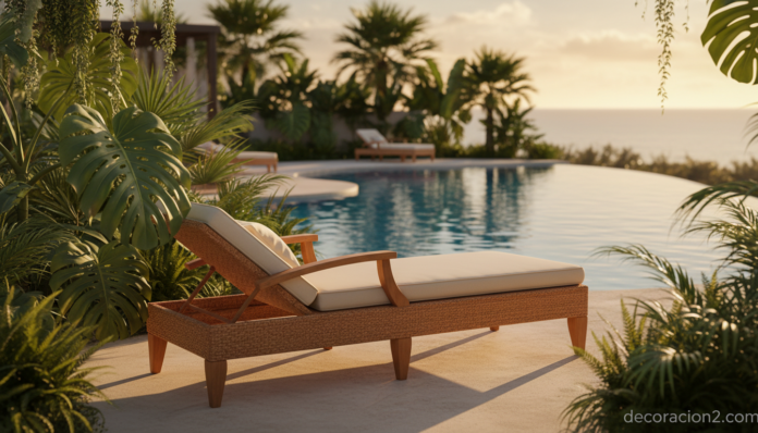 Chaise Lounge Bali en terraza tropical con vegetación y luz dorada
