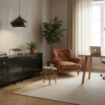 Warm loft-style living room corner used as a home workspace, featuring a modular black lacquered sideboard with diagonal c…