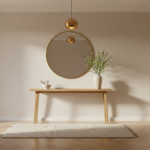 Welcoming hallway entrance inspired by Feng Shui principles, wooden console table with small ceramic bowl for keys, round …