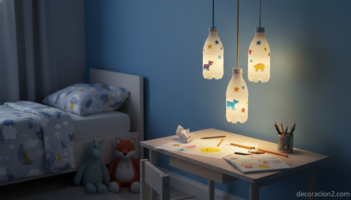 Lámparas DIY de botellas de leche decoradas en habitación infantil con luz cálida