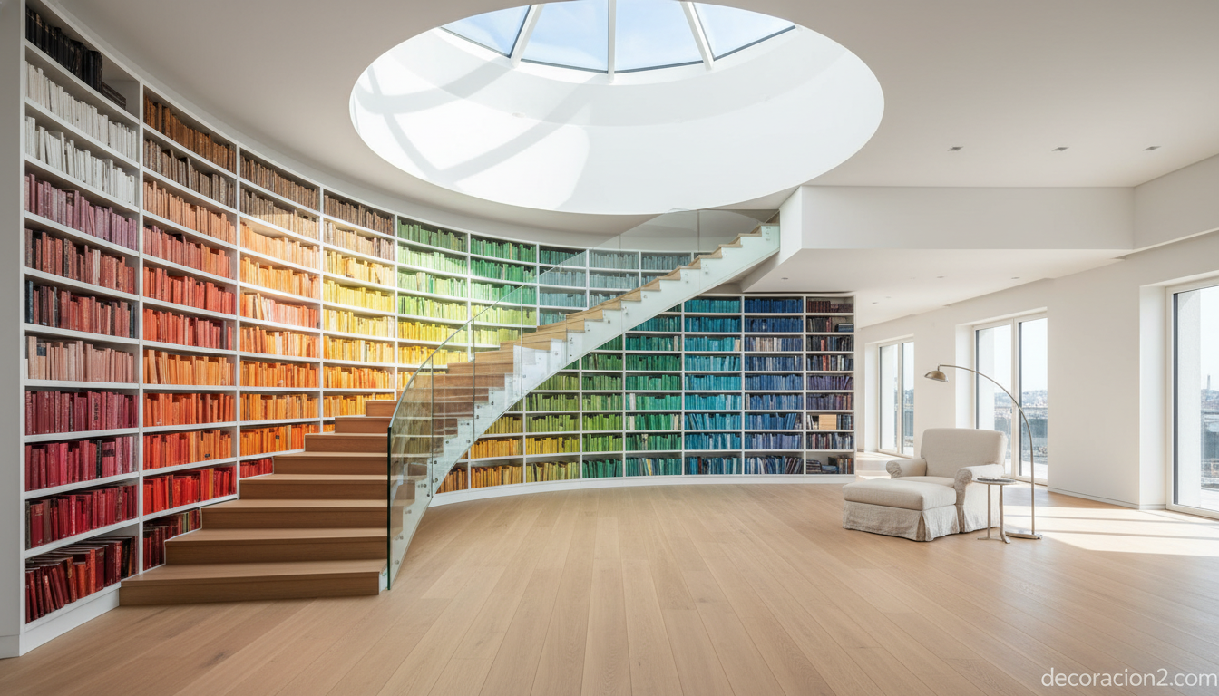 Librería integrada en escalera con libros organizados por colores y butaca de lectura