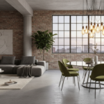 Wide open-plan loft living-dining area with tempered glass round table as centerpiece, industrial st