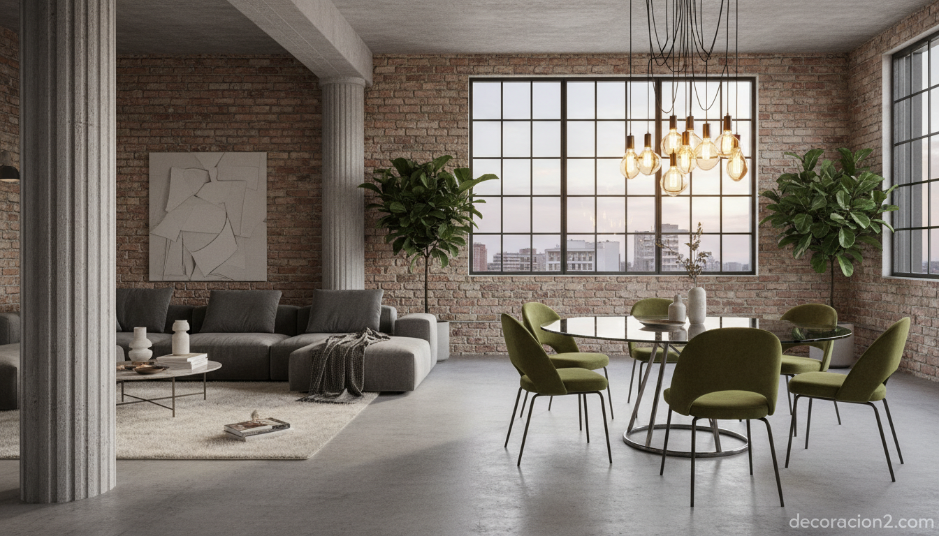 Mesa de comedor de cristal en loft moderno de estilo industrial