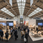 Wide panoramic view of a busy international interior design trade fair hall, professional exhibitors