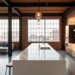 Wide view of a modern industrial loft kitchen with exposed brick walls, black metal beams, polished