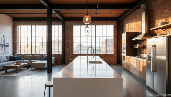 Cocina loft moderna con isla central y ladrillo visto
