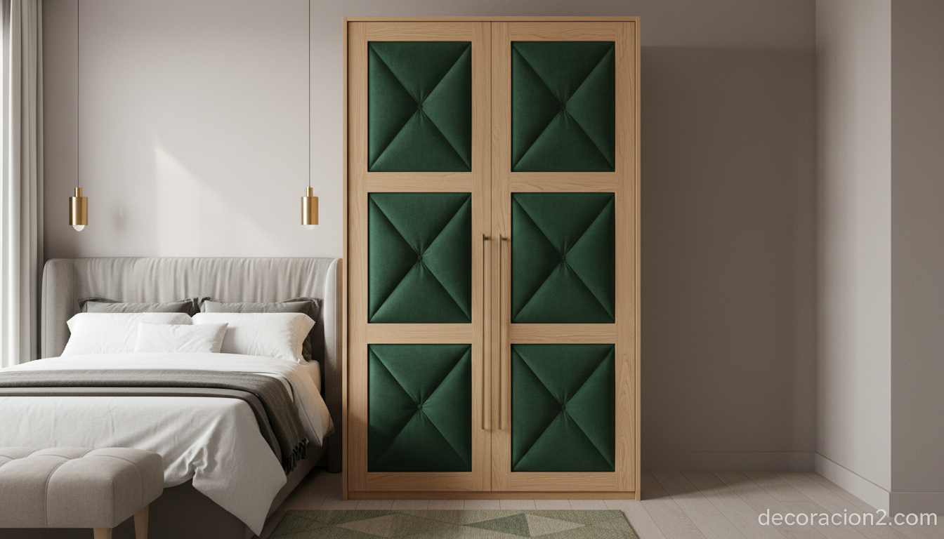 Armario de madera con frentes tapizados en terciopelo verde, diseño moderno y elegante
