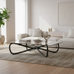 Wrought iron and glass coffee table in a modern living room with natural light, minimalist decor, wa