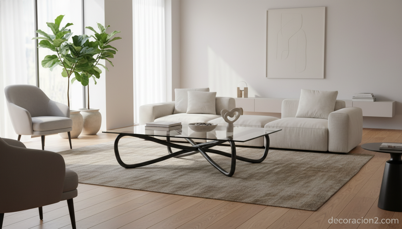 Mesa de centro de hierro forjado y cristal en un salón moderno