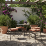 Wrought iron garden furniture set with chairs and table on a Mediterranean stone patio, lush green p