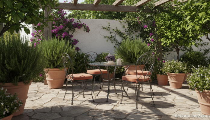 Conjunto de muebles de hierro forjado en un patio mediterráneo con plantas