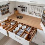 Small kitchen with smart storage solutions, pull-out drawers, vertical organizers, wall-mounted magn