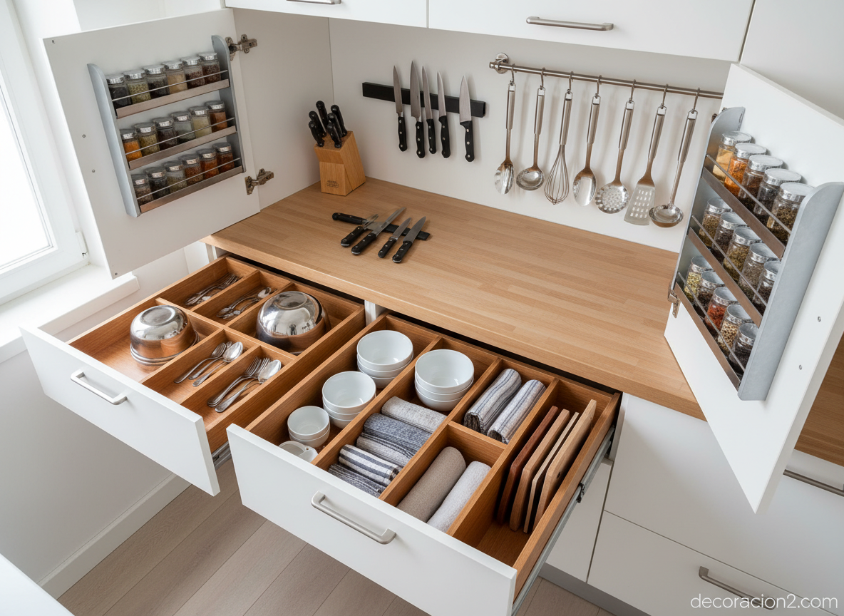 Cocinas compactas: soluciones inteligentes para espacios mínimos 7 Cajones y organizadores inteligentes en una cocina compacta con almacenaje optimizado