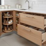 Close-up of a kitchen corner with a rotating lazy Susan organizer inside a cabinet, alongside pull-o