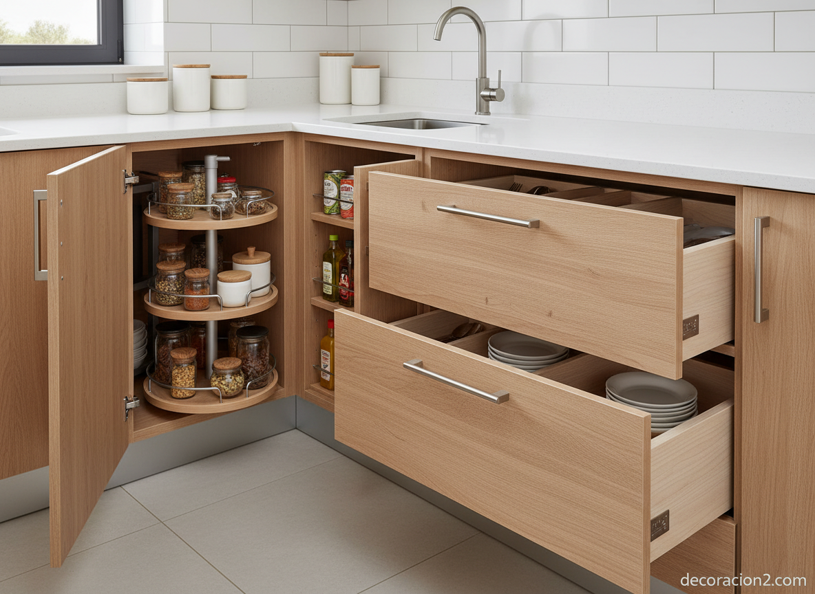 Sistema de almacenamiento giratorio en esquina de cocina moderna con cajones extraíbles