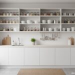 A small kitchen with open shelves going up to the ceiling, vertical storage organization, neatly arr