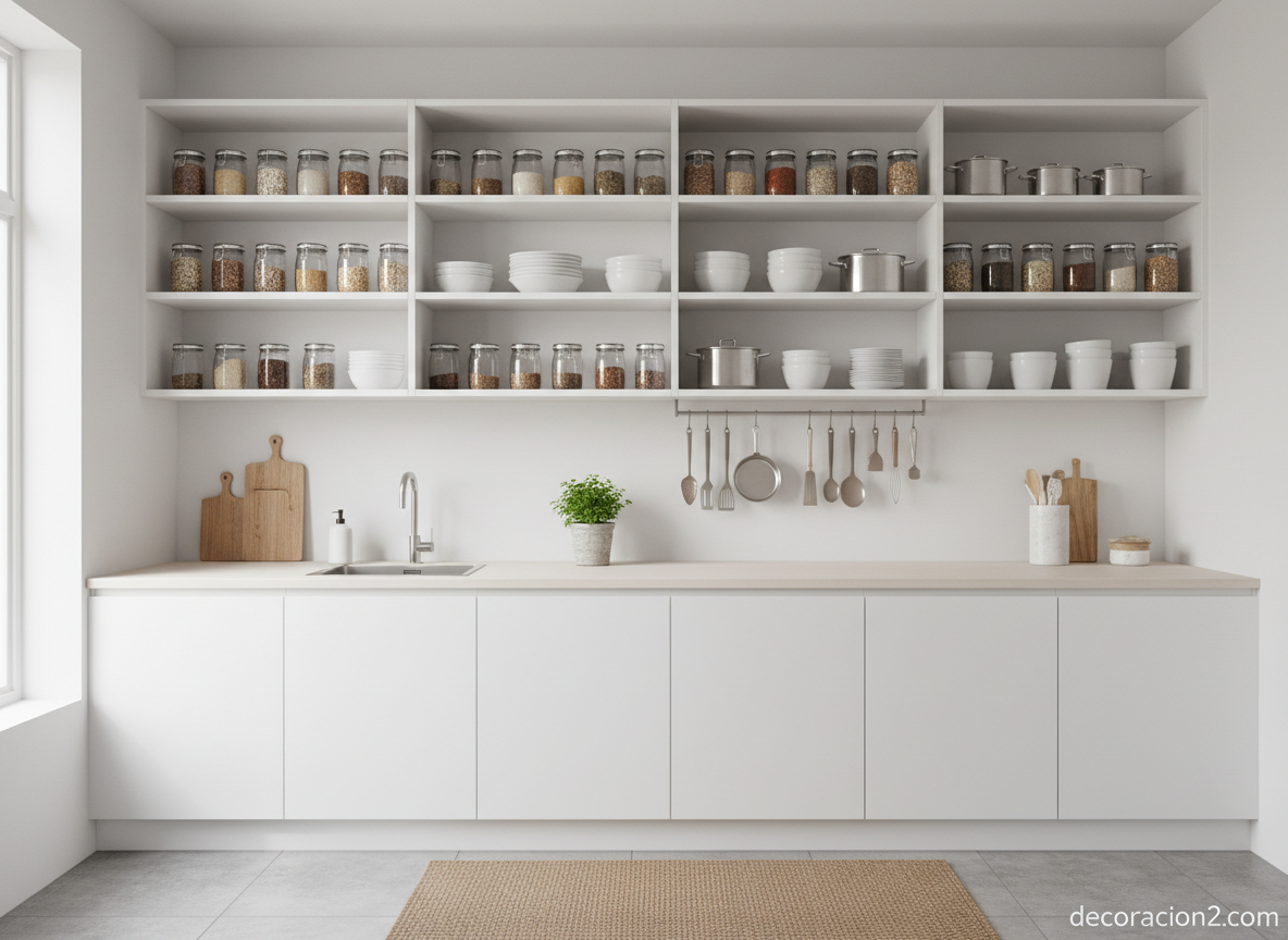 Cómo hacer que una cocina pequeña parezca más grande: 8 trucos con resultado real 11 Estanterías abiertas hasta el techo en cocina pequeña para aprovechar el almacenamiento vertical