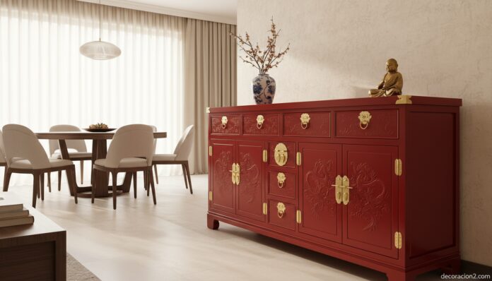 Aparador chino lacado en rojo con herrajes dorados en un salón elegante con decoración oriental