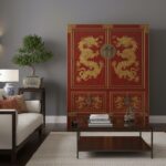 A beautifully styled interior living room featuring a stunning Chinese lacquered red and gold ornate