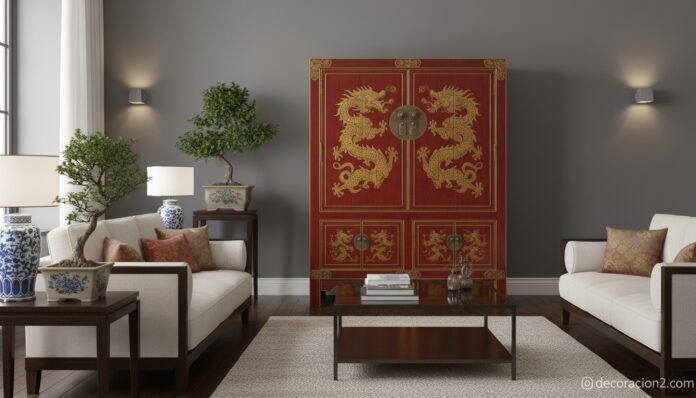 Armario oriental chino lacado en rojo con herrajes dorados en un salón decorado con estilo asiático