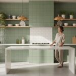 A beautiful modern kitchen with stunning tiled walls. Feature wall with large format sage green cera