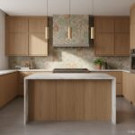 A modern kitchen with stunning large format ceramic tiles as backsplash, sage green and terracotta c
