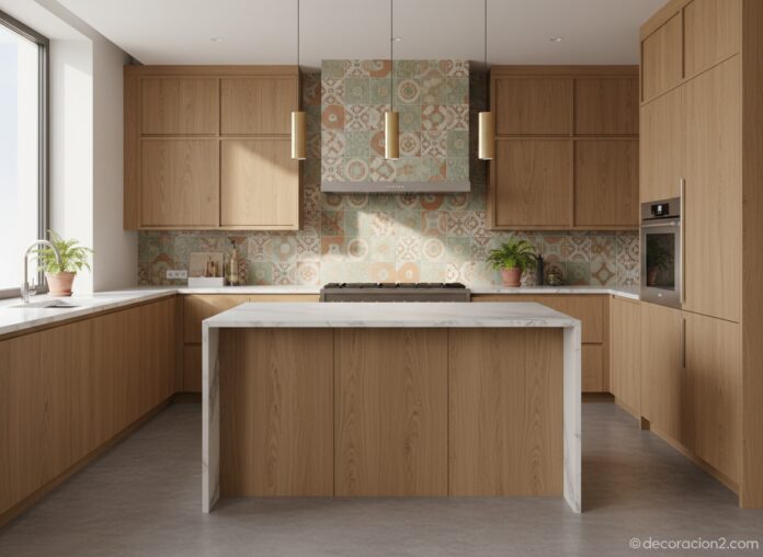 A modern kitchen with stunning large format ceramic tiles as backsplash, sage green and terracotta c