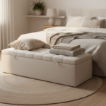 A cozy modern bedroom interior with a cream-colored upholstered storage bench at the foot of a doubl