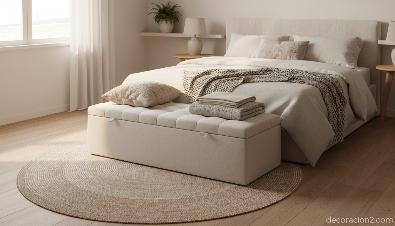 banco con almacenaje a los pies de la cama en dormitorio moderno