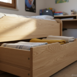 Close-up detail of a youth bed drawer system in light oak wood, partially open showing neatly folded