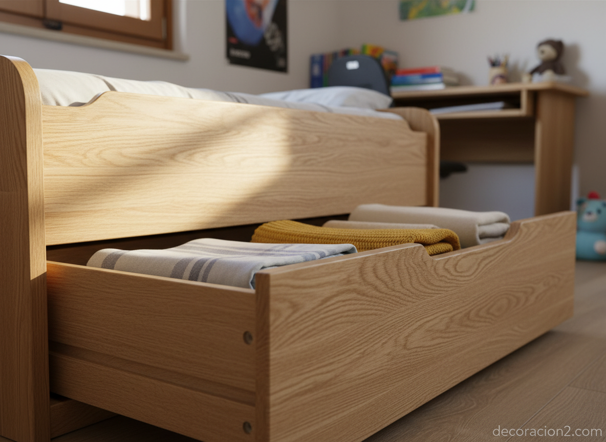 Detalle de cajones integrados en cama juvenil de madera