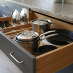 Close-up detail shot of a high-quality kitchen drawer pulled out, showing deep wooden drawer with or