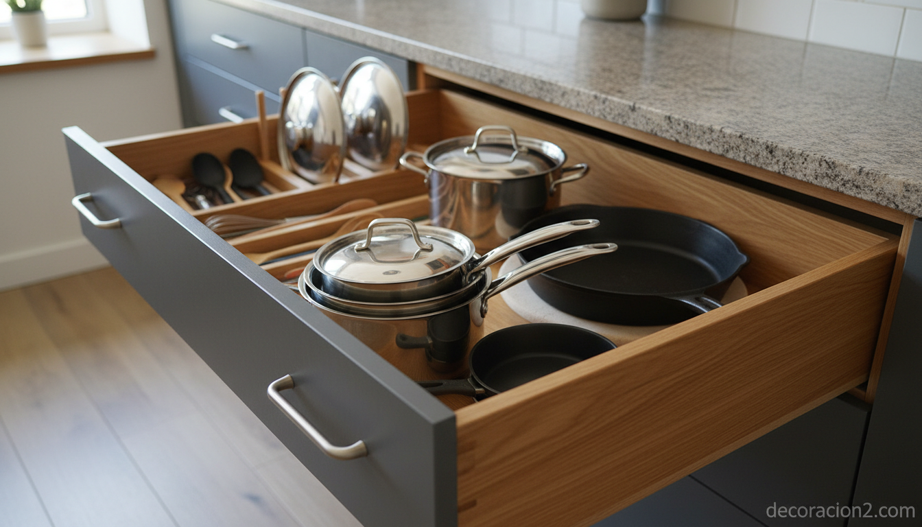 Cajones profundos con almacenaje organizado en muebles de cocina