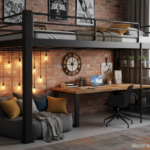 Modern loft bed for teenager with a study desk underneath, industrial style metal frame, cozy readin