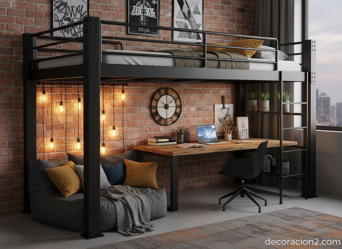 Cama elevada juvenil con escritorio debajo en estilo industrial