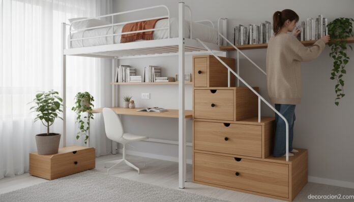 Modern compact bedroom with a white loft bed with study desk underneath, a young woman organizing bo Dormitorio con cama alta multifunción, escritorio debajo y cajones de almacenaje integrados